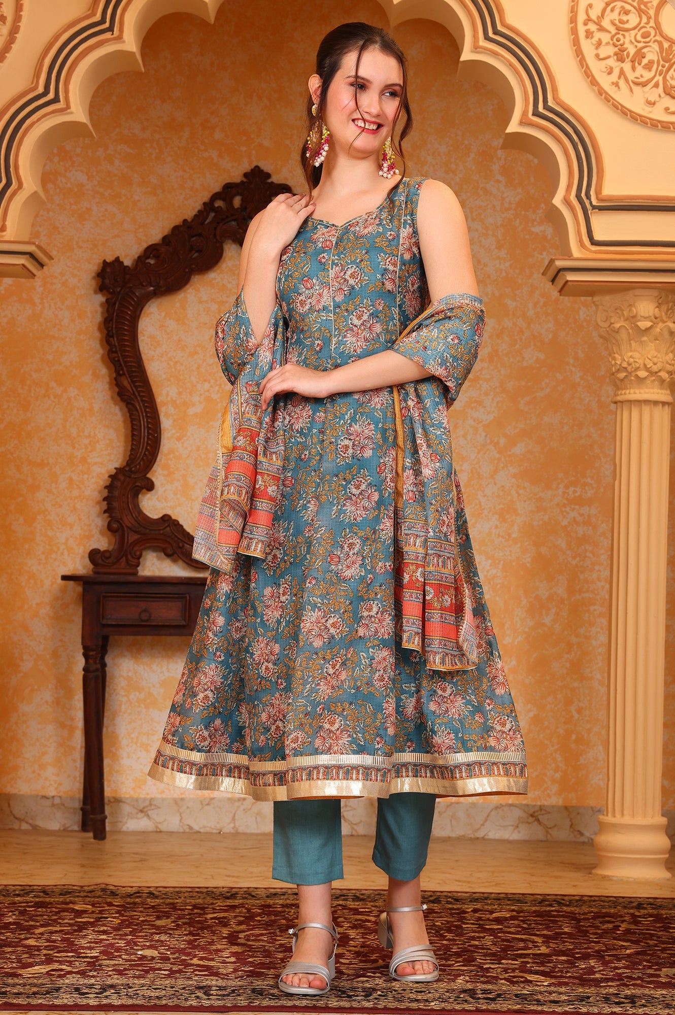 Blue Botanical Printed Tape Embroidered Anarkali Kurta, Trouser and Dupatta Set