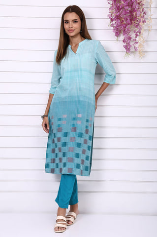 Blue Geometric Printed Yarn Dyed Straight Kurta and Trousers Co-ord Set
