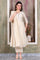 Beige Foil Printed Sequinned A-Line Kurta, Pant and Stole Set