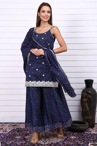 Blue Bandhni Printed Embroidered Georgette Straight Spaghetti Kurta, Sharara and Dupatta Set