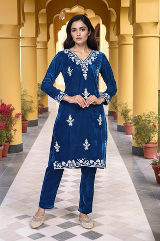 Blue Solid Embroidered Thread Work Straight Velvet Kurta with Trouser