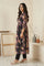 Black Floral Printed Flared Kurta with Gillet and Trouser Set