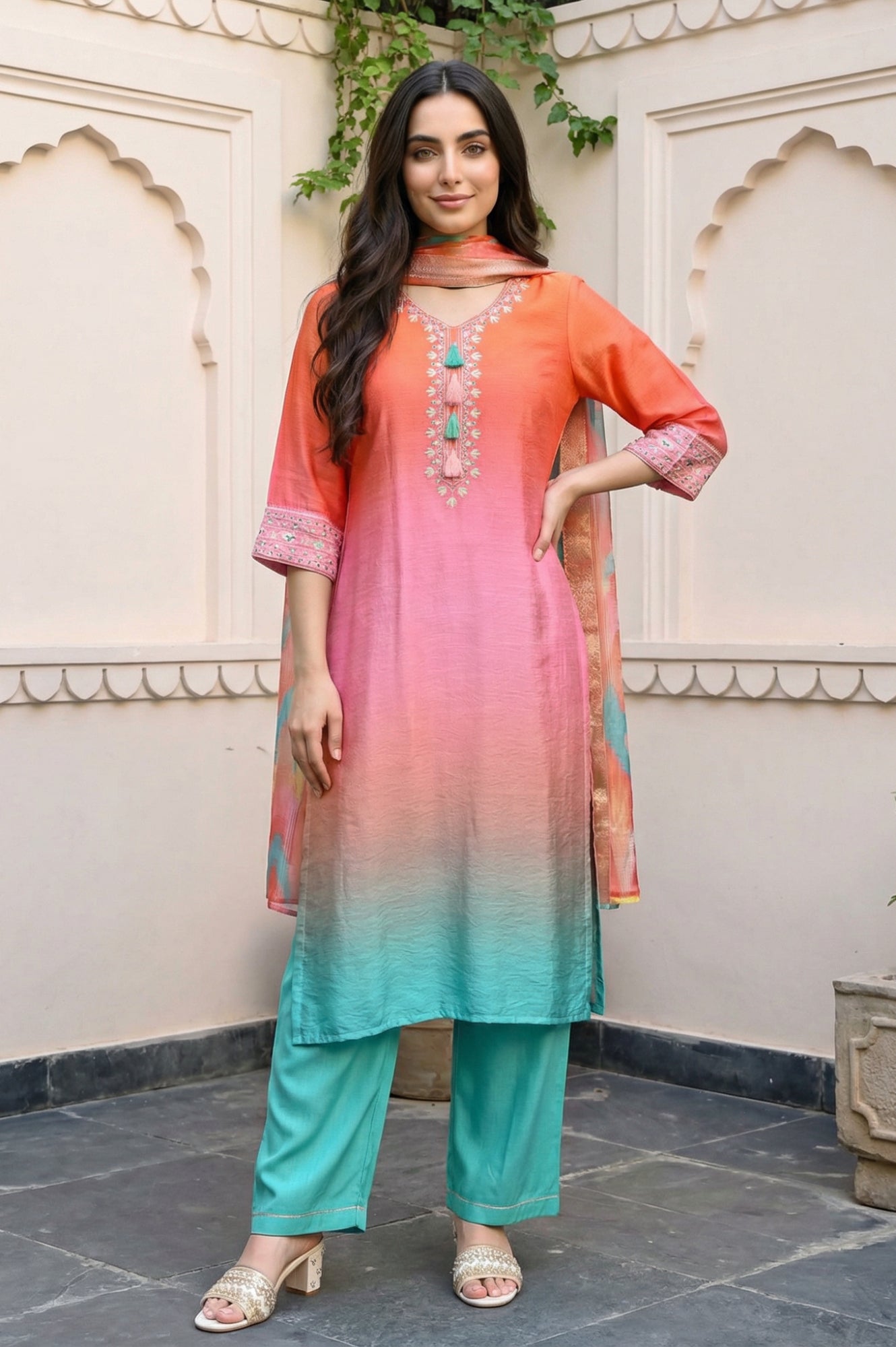 Orange Ombre Embroidered Straight Kurta with Palazzo and Dupatta Set