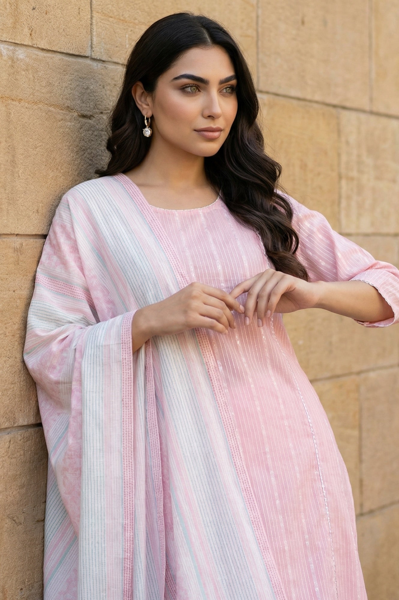 Pink Yarn Dyed Striped Cotton Blend Dupatta