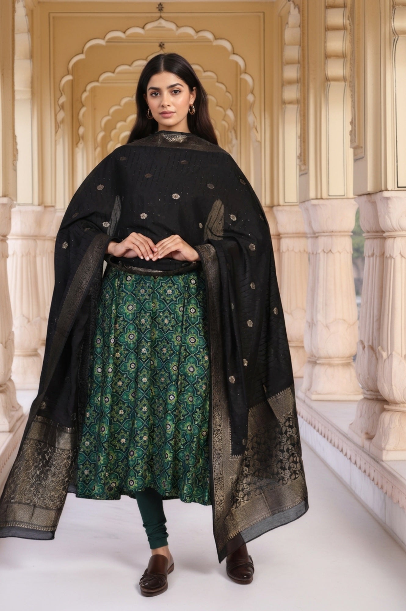 Beige Jacquard Floral Print Zari Work Straight Dupatta