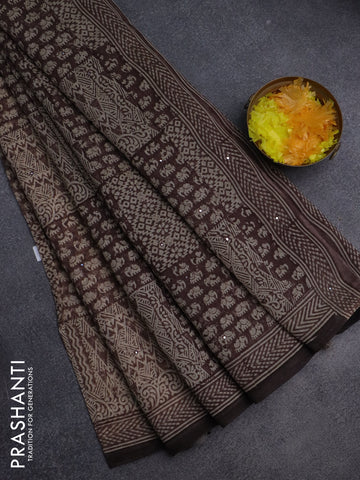 Chanderi silk cotton saree brown and beige with allover prints & mirror work and printed border