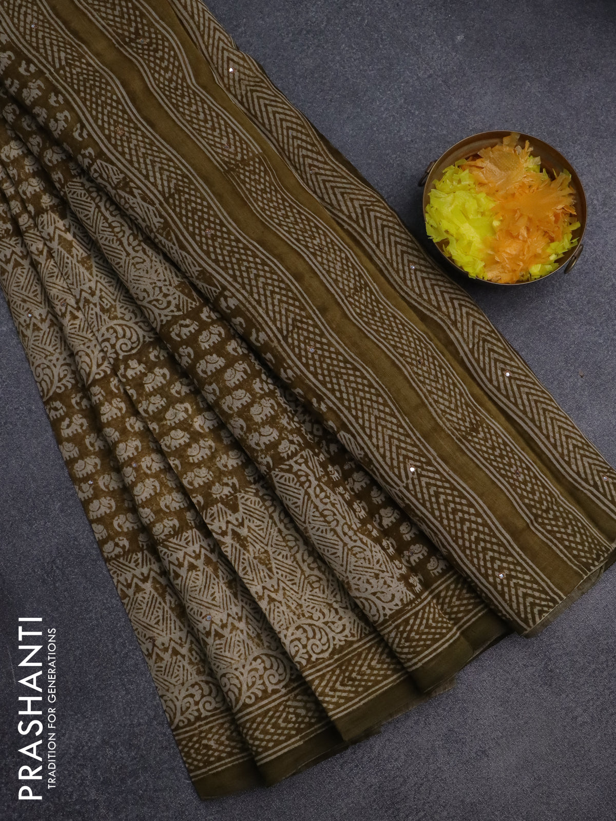Chanderi silk cotton saree mustard green shade and beige with allover prints & mirror work and printed border