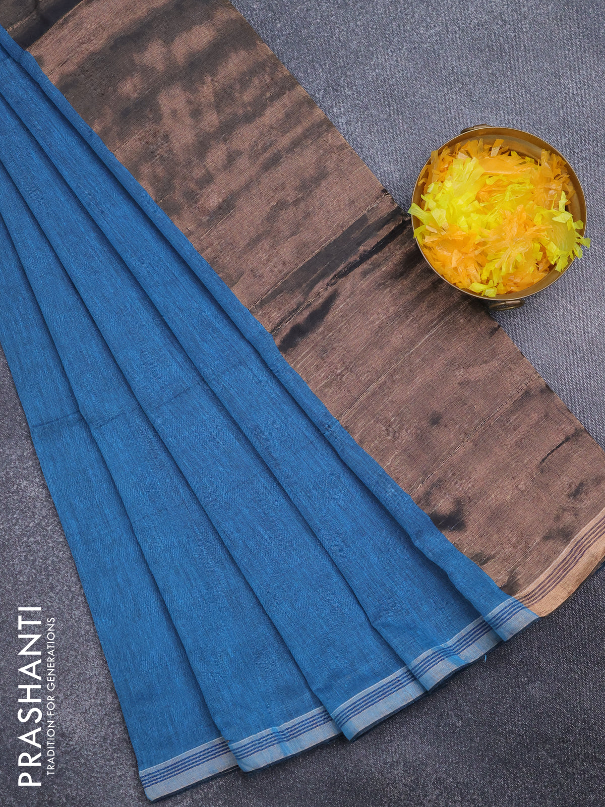 Bengal soft cotton saree teal blue shade with plain body and zari woven piping border