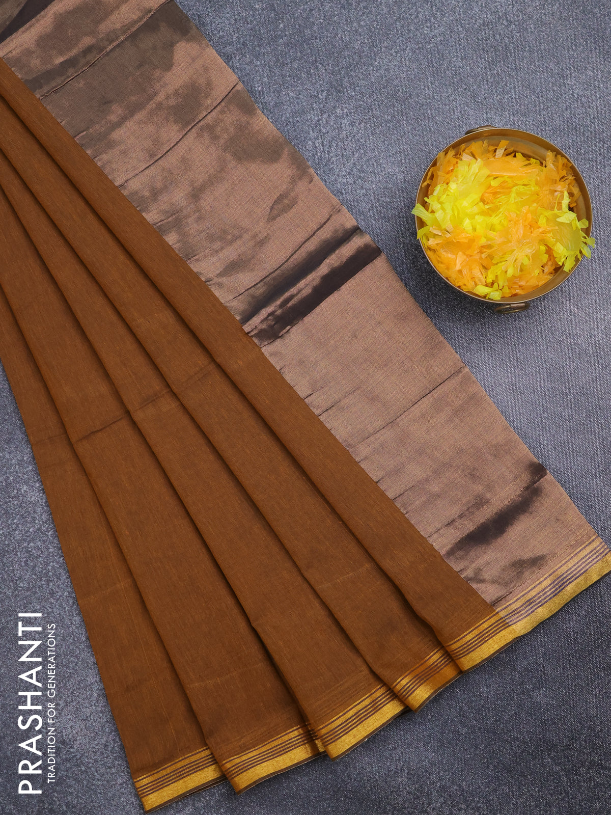 Bengal soft cotton saree dark mustard with plain body and zari woven piping border