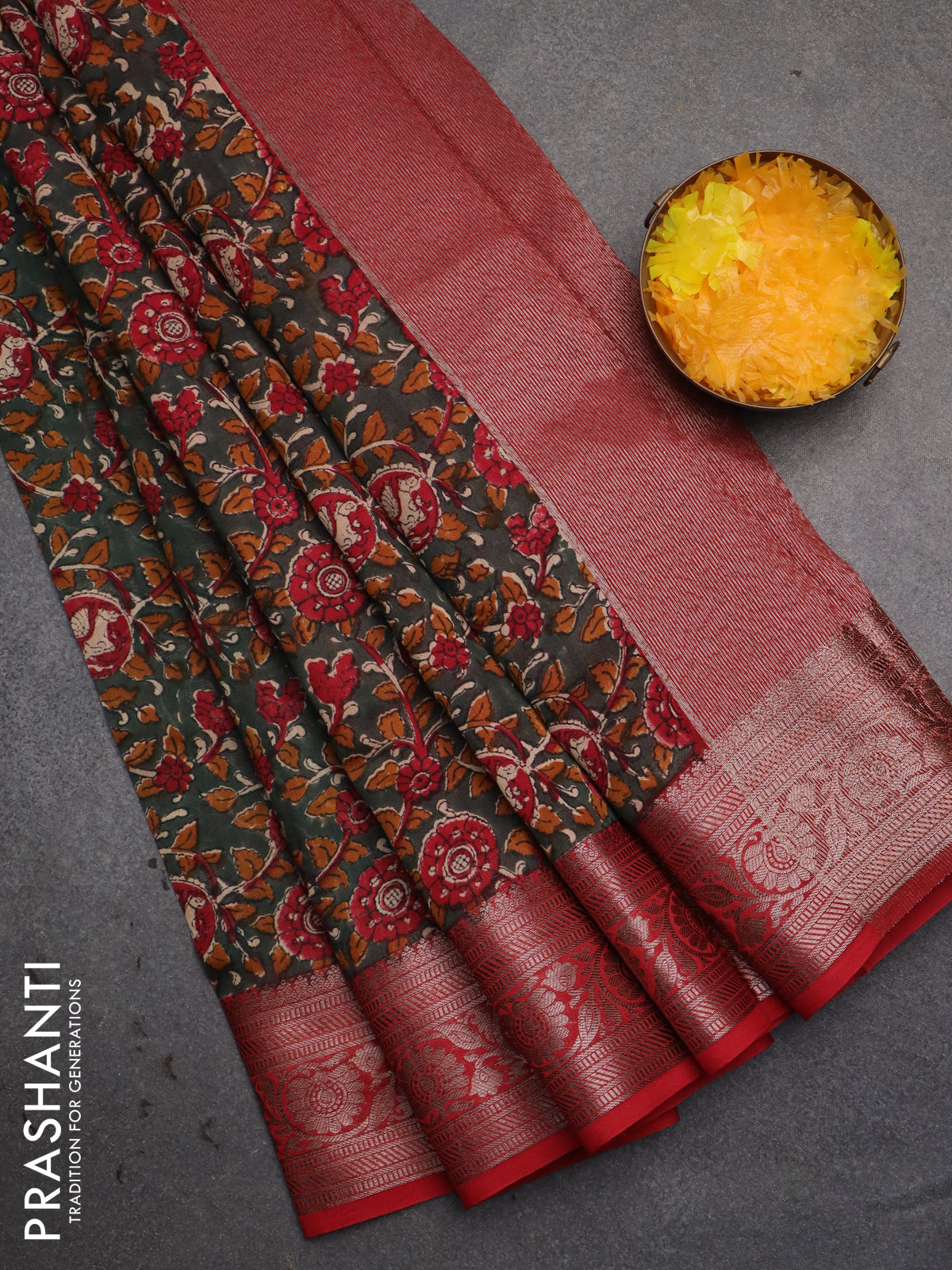 Chanderi silk cotton saree dark green and red with allover kalamkari prints and banarsi style border