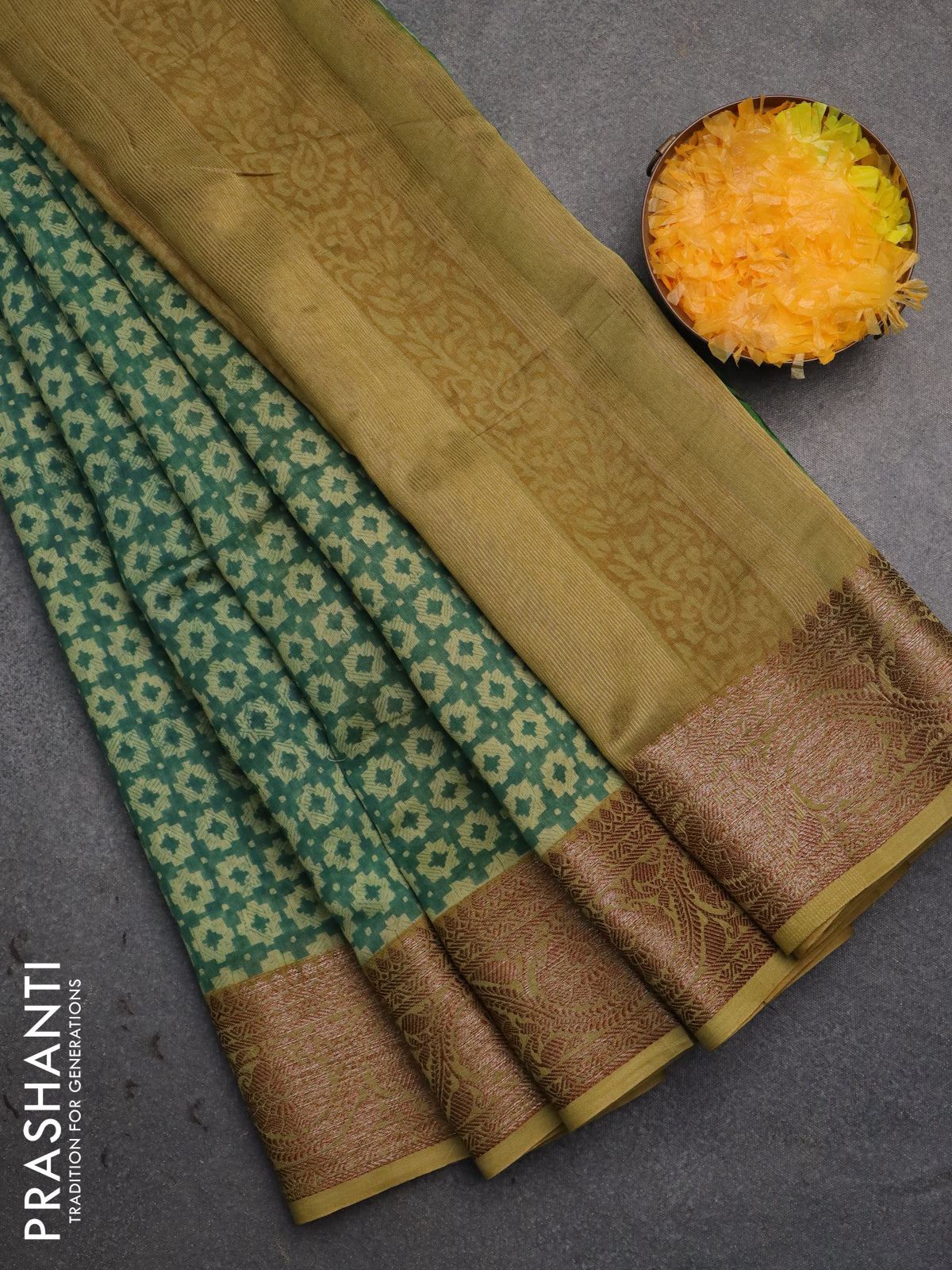Chanderi silk cotton saree green and mustard green with allover prints and banarsi style border