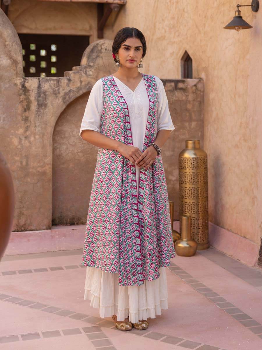 Pink Floral Block Printed Modal Silk Cape