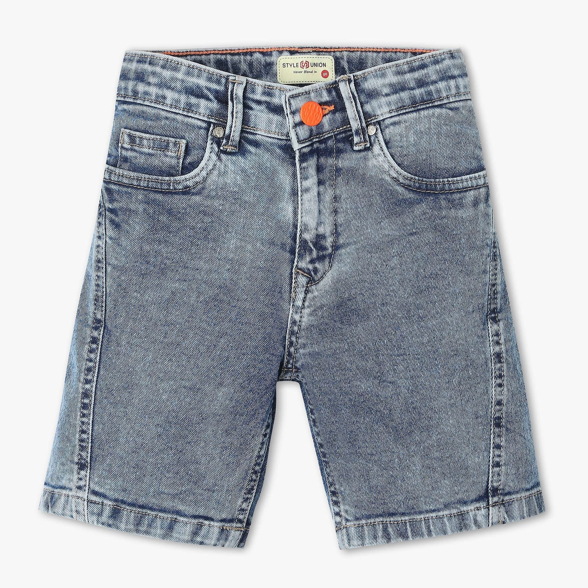 Below Knee Length Stretchable Denim Shorts With Front Cut And Sew