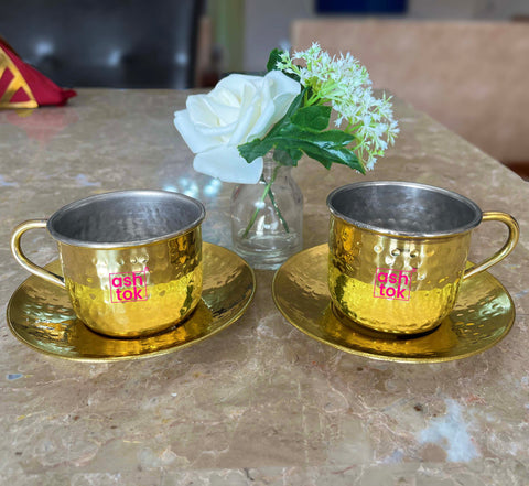 Brass Tea Cup Saucer Set with khalai, Brass Tea Cup Set with Khalai Inside The Cup (Pack of 2 Pcs)