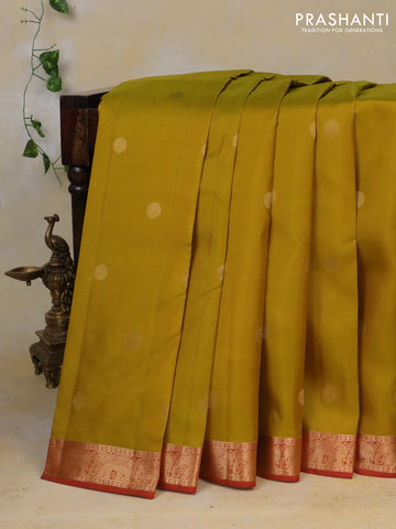Pure kanchipuram silk saree yellow and dual shade of pink with zari woven coin buttas and elephant zari woven border