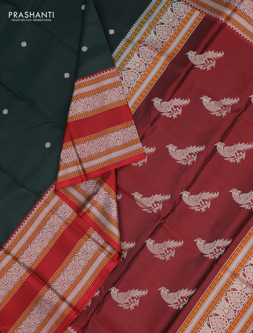 Pure kanchipuram silk saree bottle green and maroon with thread woven buttas and long thread woven border