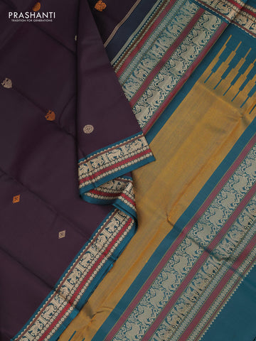 Pure kanchipuram silk saree deep wine shade and peacock green with thread woven buttas and thread woven border