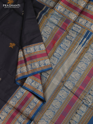 Pure kanchipuram silk saree black and peacock blue with thread woven buttas and long thread woven border