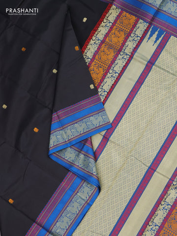 Pure kanchipuram silk saree black and cs blue with thread woven buttas and thread woven border