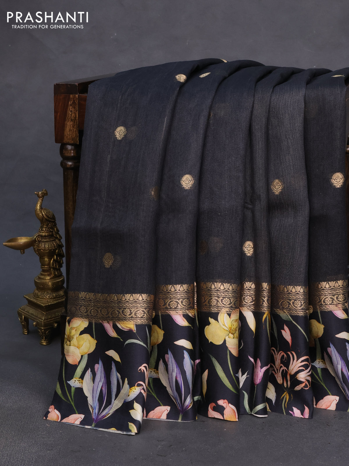 Banarasi tussar silk saree black with zari woven buttas and zari woven floral digital printed border