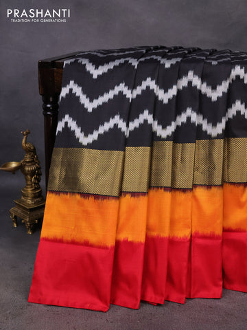 Pochampally silk saree black and mustard yellow red with zig zag prints and zari woven simple border