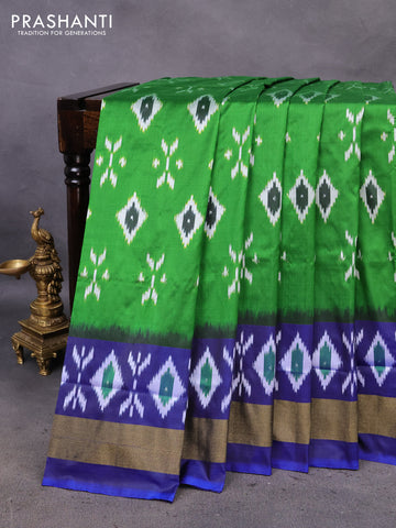 Pochampally silk saree green and blue with ikat butta prints and zari woven border