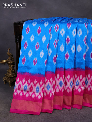 Pochampally silk saree cs blue and pink with ikat butta prints and zari woven border