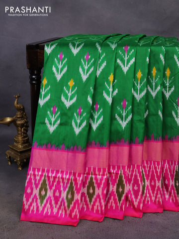 Pochampally silk saree green and pink with ikat butta prints and zari woven ikat style border