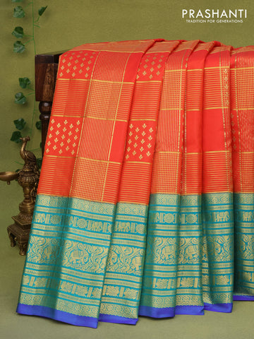Pure gadwal silk saree rustic orange and teal blue with allover small zari checks & buttas and rich zari woven border