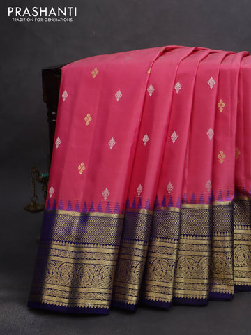 Pure gadwal silk saree pink shade and blue with zari woven buttas and temple design zari woven border