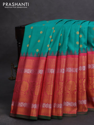 Pure gadwal silk saree teal green and pink shade with zari woven buttas and long zari woven border