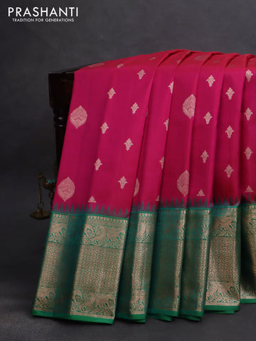 Pure gadwal silk saree pink and green with zari woven buttas and temple design zari woven border