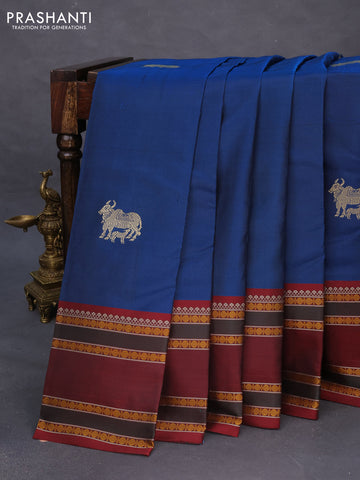 Pure kanchipuram silk saree cs blue and maroon with thread woven buttas and long rettapet thread woven border