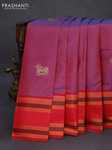 Pure kanchipuram silk saree dual shade of bluish red and red with thread woven buttas and long rettapet thread woven border