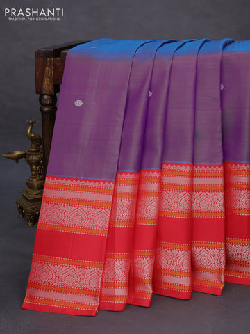 Pure kanchipuram silk saree dual shade of bluish red and red with thread woven buttas and long rettapet thread woven border