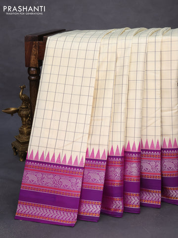 Pure kanchipuram silk saree cream and purple with allover checks & thread buttas and temple design thread woven border