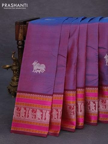 Pure kanchipuram silk saree dual shade of bluish maroon and magenta pink with thread woven buttas and long thread woven border