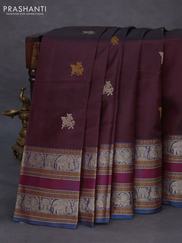 Pure kanchipuram silk saree coffee brown and cs blue with thread woven buttas and long thread woven border