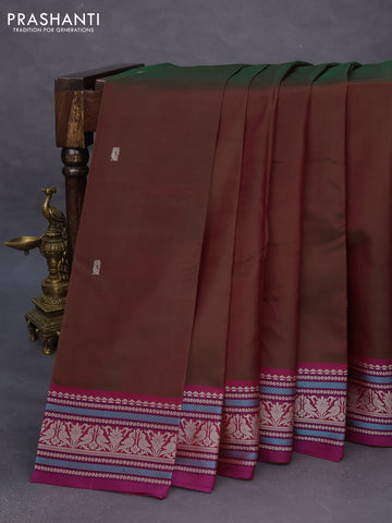 Pure kanchipuram silk saree dual shade of greenish pink and purple with thread woven buttas and thread woven border