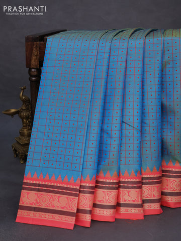 Pure kanchipuram silk saree dual shade of blue and peach shade with woven buttas and banarasi style border