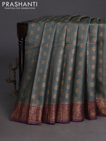 Banarasi tussar silk saree grey and wine shade with woven buttas and banarasi style border