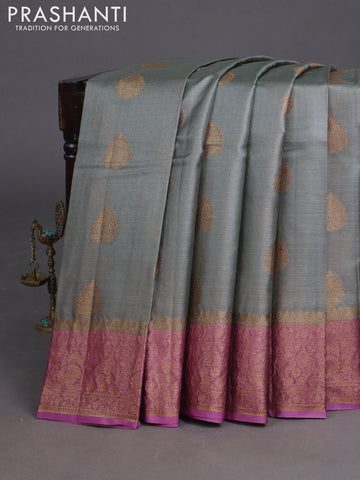 Banarasi tussar silk saree grey and purple with woven buttas and banarasi style border