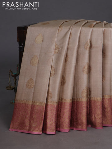 Banarasi tussar silk saree beige and pink shade with woven buttas and banarasi style border