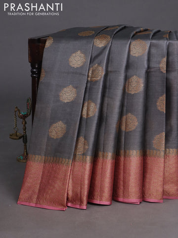 Banarasi tussar silk saree grey and pink shade with woven buttas and banarasi style border