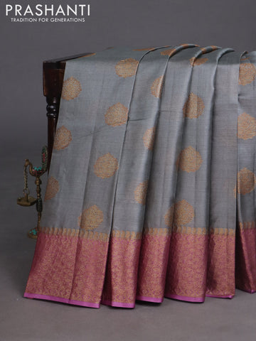 Banarasi tussar silk saree grey and purple shade with woven buttas and banarasi style border