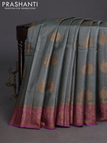 Banarasi tussar silk saree grey and purple shade with woven buttas and banarasi style border
