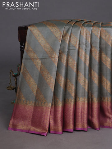 Banarasi tussar silk saree grey and purple with allover zari weaves and banarasi style border