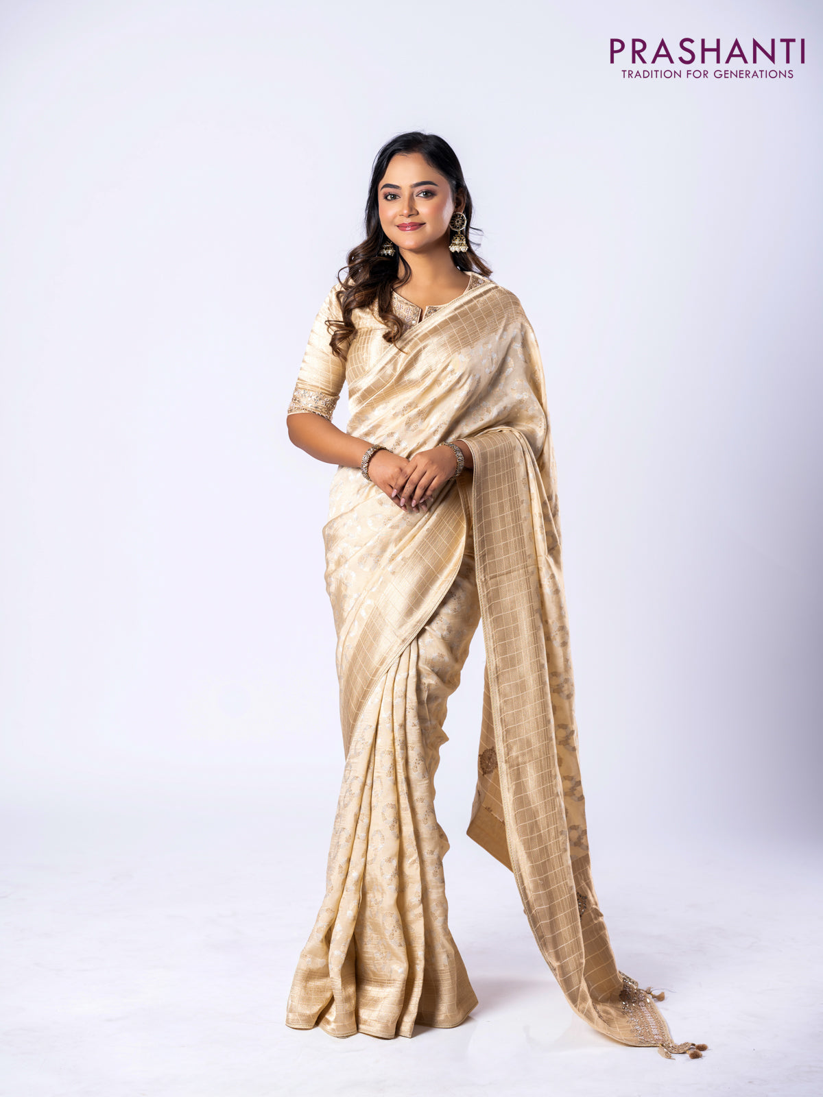 Banarasi munga silk saree cream with allover silver & gold zari weaves and zari woven lace border