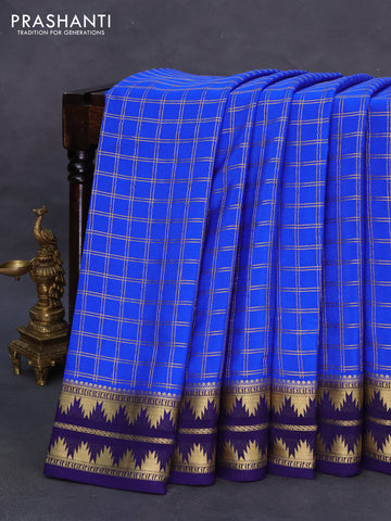 Pure mysore silk saree royal blue and blue with allover zari checks and temple design zari woven border