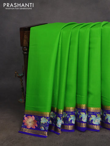Pure mysore silk saree light green and royal blue with plain body and zari woven floral embroidery work border